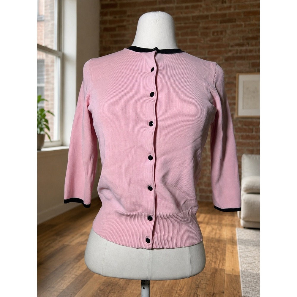 Vintage Pink Black Button Front Cardigan XS Coquette Preppy Balletcore